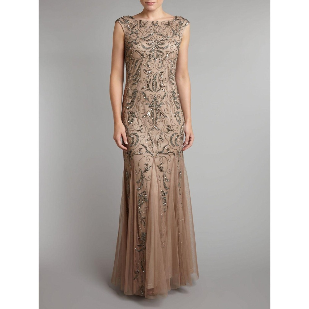 Adrianna Pappell Cap Shoulder Beaded Evening Gown Mother of the Bride Dress Sz 4